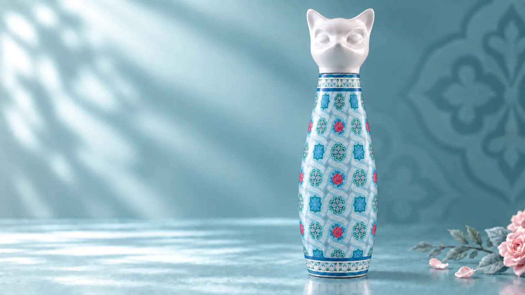 Nanyang Mosaic bottle with white cat cap in aqua light beside pink roses.