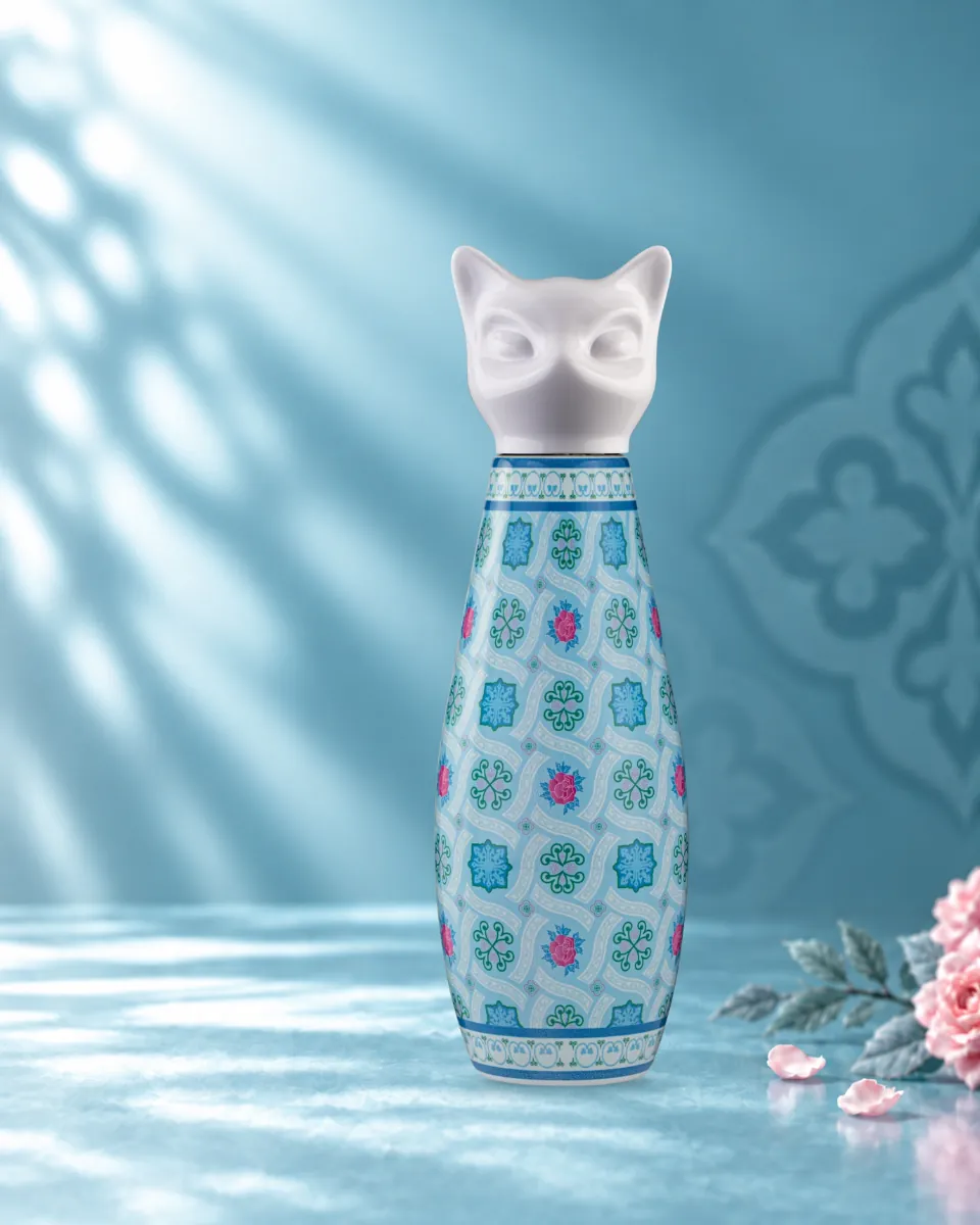 Nanyang Mosaic bottle with white cat cap in aqua light beside pink roses.